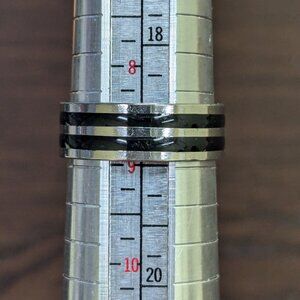 Stainless Steel Ring Band Thick Wide Ribbing Silver Tone Black Inlay Size 9 Goth